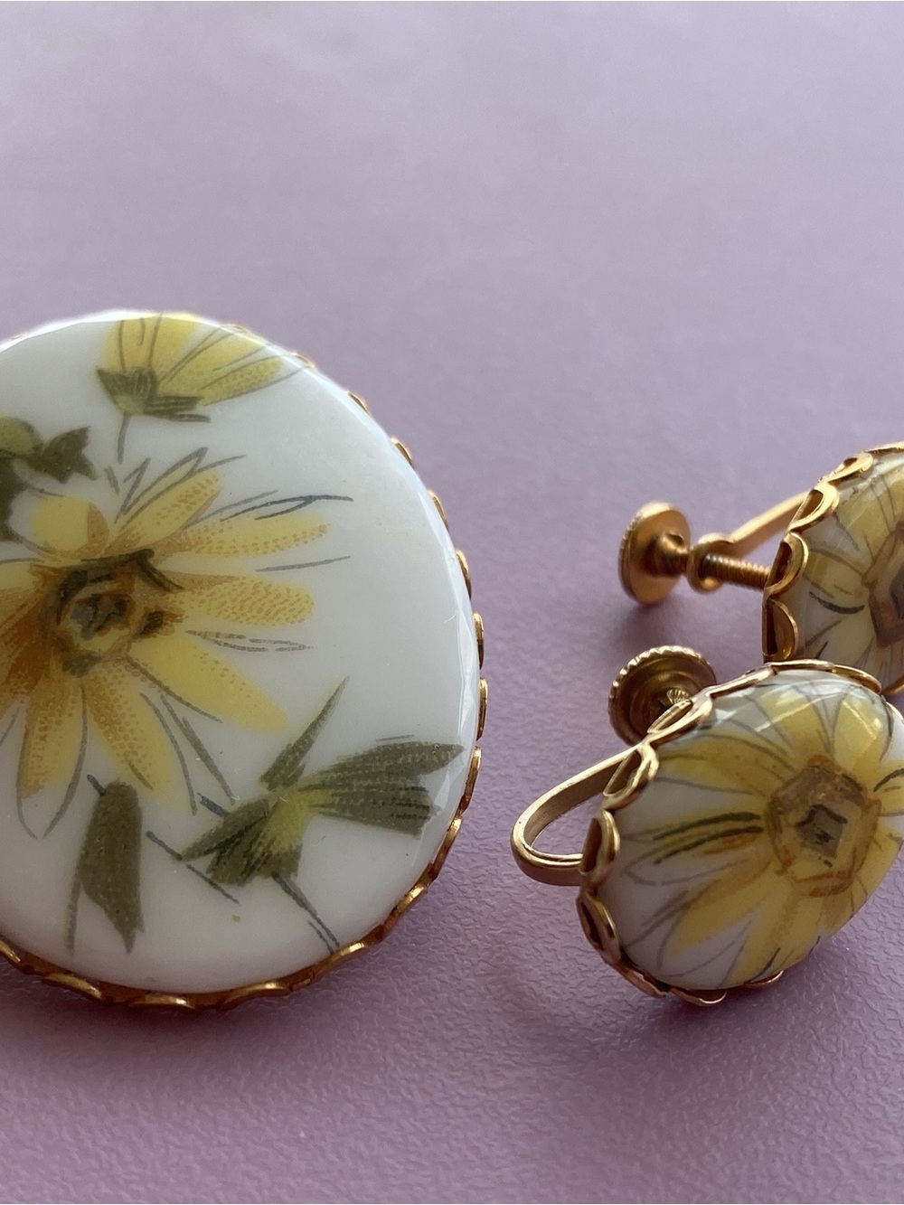 Porcelain Floral Yellow Clip-On Earrings and Brooch Set